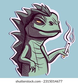 Digital art of a green iguana smoking a cigarette. Vector of a reptile cartoon character relaxing