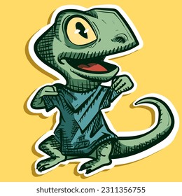 Digital art of a green small lizard putting on a shirt. Vector of a happy dino wearing clothes. Illustration of a reptile touching his t-shirt