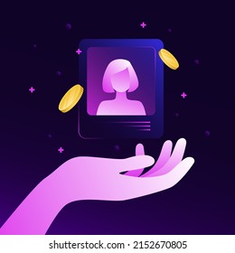 Digital Art in Hand with Coins Flow. Creative NFT Illustration. Vector illustration