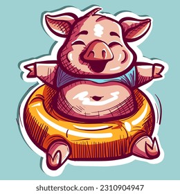Digital art of a happy pig with his belly sticking out of his shirt. Cute piglet having fun in a floatie. Farm animal at the pool, swimming.