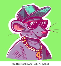 Arte digital de un ratón de hip hop con rata de rap, cadena dorada y un par de gafas de sol. Vector de un avatar de ratón humanizado con ropa y accesorios.