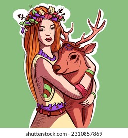 Digital art of a hippie woman with flowers on her hair holding a wild deer. Vector of a boho girl hugging a reindeer.