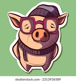 Digital art of a hipster pig wearing a scarf, a hat and glasses. Vector of a modern piglet wearing fashion clothes