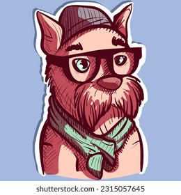 Arte digital de un schnauzer hipster con anteojos, sombrero y bufanda. Vector de un perro shi tzu casual con ropa moderna