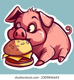 Digital art of a hungry piglet eating a burger. Vector of a pink pig devouring a big cheeseburger. Cartoon humanized animal with a hamburger.
