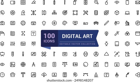 Digital Art icon set. Creativity and graphic design related icons collection. Minimalist thin linear web ui icon set. Simple editable vector stroke illustration.