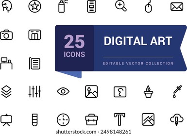 Digital Art icon set. Creativity and graphic design related icons collection. Minimalist thin linear web ui icon set. Simple editable vector stroke illustration.