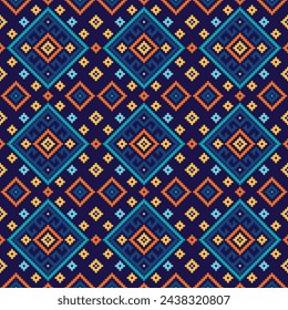 Una ilustración de arte digital con un patrón de tela de diamantes y triángulos. Diseño para étnico, motivo, tribal, raya, ornamental, mexicano, repetición, triángulo, alfombra, bordado, retro, ilustración, patrón.