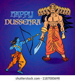 Digital art illustration for indian holiday Vijayadashami. Happy Dussehra writing. God Rama with bow, arrows. Dasara hindu festival graphic clip art design. Good over evil victory mythological symbol