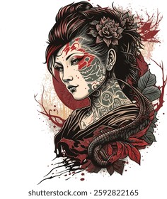 Digital art illustration showing a stylized side-profile portrait of a Japanese woman adorned with intricate tattoos, floral headdress, and dragon motifs. 