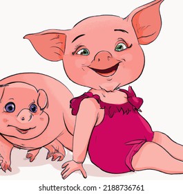 Digital art illustration of two cute pigs, where one is somewhat human-like with clothes.