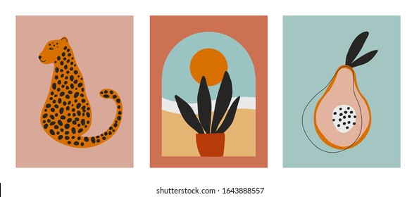 Digital art illustrations with cheetah, leopard, planr and sun, nature and fruit. Minimalist line art with simple colors. Modern posters for wall art, prints, cards. Vector graphics