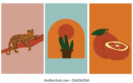 Ilustraciones de arte digital con chita, leopardo, plantas y sol, naturaleza y frutas. Arte de líneas minimalista con colores simples. Afiches modernos para arte en la pared, impresiones, tarjetas. gráficos vectoriales.