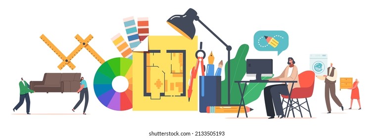 Digital Art, Interior Design Creative Profession Concept. Tiny Graphic Designer Characters at Huge Apartment Layout, Work on Computer, Create Furniture or Appliance. Cartoon People Vector Illustration