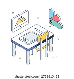 Ilustración isométrica de arte digital con herramientas creativas para diseño y multimedia