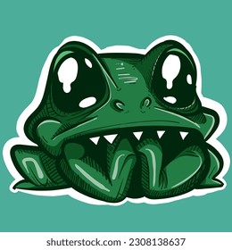 Digital art of a kawaii cartoon frog chewing its own hands with small sharp teeth. Vector illustration of an adorable amphibian with big eyes