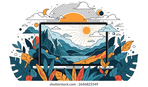 Paisagem de Arte Digital Exibida em um Laptop Cercado por Verduras Exuberantes e Elementos Naturais Abstratos Criando uma Experiência Visual Serena e Inspiradora