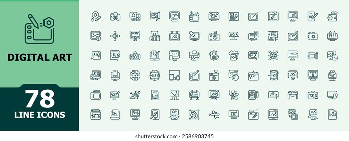 Digital Art linear icon collection. Related to paintbrush, pen, photo, typography, app, artist, ui and more. Icons for website. Editable stroke. Vector illustration.