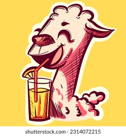 Digital art of a llama cartoon character sipping lemonade from a straw. Vector of an alpaca drinking a beverage from a glass.