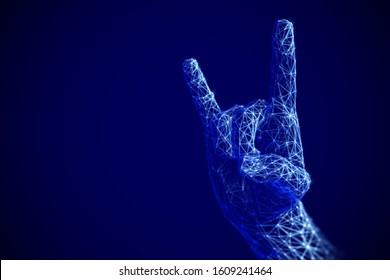 Digital art and modern culture concept: Rock n roll or heavy metal sign gesture in cyberspace. Artificial intelligence or electronic music. Abstract technology background. EPS 10, vector Illustration.