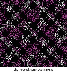 Digital art modern intersecting lace seamless pattern design in dark magenta and white colors over black background