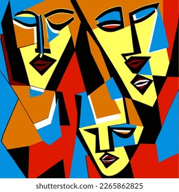 Digital art. Modern. Poster. Faces of girl or woman. Digital painting. Contemporary art. Expressionism. Cubism. Beautiful woman portrait. Abstract fashion illustration. Picture for interior, in room.