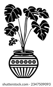 Digital art of Monstera plant in decorated traditional Pot isolated on white background - vector illustration