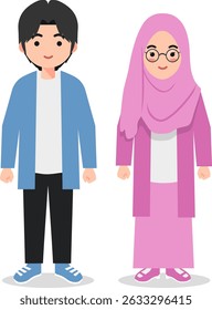 Digital Art of Muslim Man and Woman Characters in Traditional Attire