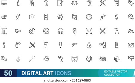 Digital Art outline icons collections, styles, examples, forms of art. Linear icon collection. Thin line editable stroke sign. Editable stroke. Vector illustration