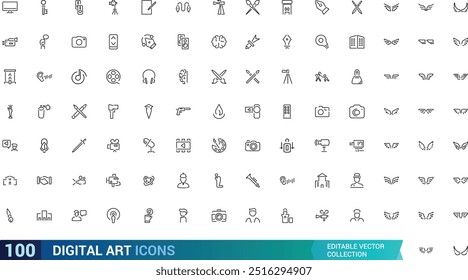 Digital Art outline icons collections, styles, examples, forms of art. Linear icon collection. Thin line editable stroke sign. Editable stroke. Vector illustration