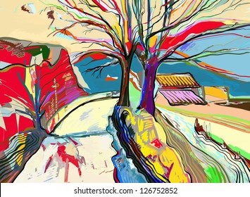 digital art painting of  rural landscape , vector version