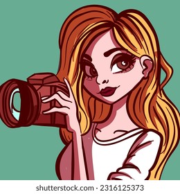Digital art of a photographer holding a camera. Vector of a woman taking a photo.