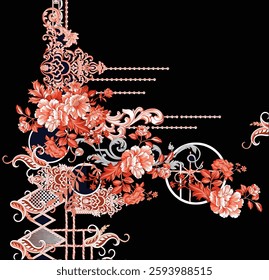 A digital art piece displays an ornate floral and filigree design in shades of coral and white against a black background, ideal for wallpaper, textile, gift wrapping.