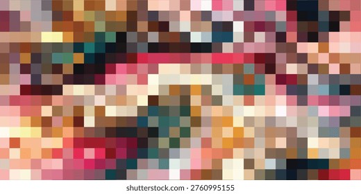 A digital art piece featuring a dense arrangement of colorful pixels forming an abstract mosaic pattern.