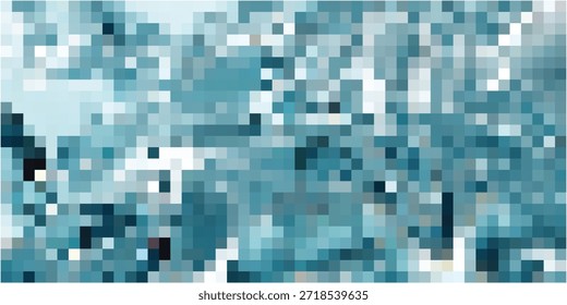 A digital art piece featuring a mosaic of small, square pixels in varying shades of teal, blue, and white, creating an abstract, textured pattern.