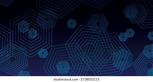 Una obra de arte digital que presenta Formas hexagonales superpuestas con intrincados patrones de líneas, colocadas sobre un fondo oscuro y degradado que cambia de azul profundo a púrpura.