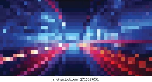 Una pieza de arte digital con un efecto pixelado y glitchy con una mezcla de luces azules y rojas vibrantes, creando un visual futurista y abstracto.