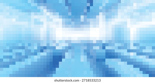 Una obra de arte digital con una estructura en forma de túnel compuesta de píxeles azules, que conduce a una fuente de luz brillante y luminosa.