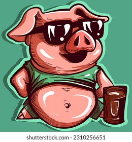 Arte digital de un cerdo en unas vacaciones de playa tropical. Vector de un lechón humanizado con gafas de sol y un vientre saliendo de su camisa, bebiendo un vaso de refresco.