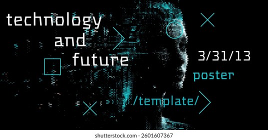 Digital art poster with a pixelated head silhouette and geometric elements on a black background, conveying a futuristic tech theme.