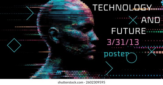 Digital art poster with a pixelated head silhouette and geometric elements on a black background, conveying a futuristic tech theme.