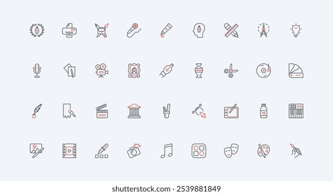 Digital art project, graphic design and music, artwork and tools line icon set. Vision and portfolio, imagination and software of designer thin black and red outline symbols vector illustration