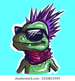 Digital art of a punk metalhead lizard wearing a pink scarf and sunglasses. Vector of a green reptile with spikes looking cool