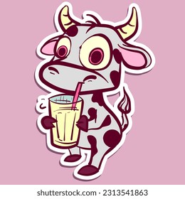 Digital art of a quirky animal character drinking milk from a glass. Vector of a funny cow sticker drinking lemonade with a straw