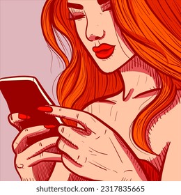 Digital art of a redhead woman browsing and scrolling on her phone. Influencer typing on her smartphone and looking at the screen