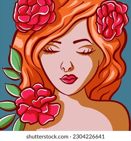 Digital art of a redhead woman with roses on her hair. Beautiful female head with floral decorations and leaves.