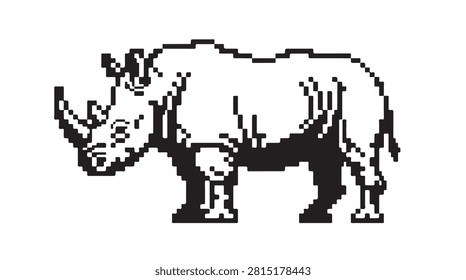A digital art representation of a rhinoceros, rendered in a pixelated style with a monochrome palette, showcasing its iconic horn and robust form.