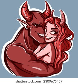 Digital art of a satanic couple hugging. Vector of a demon man and woman holding and loving each other.