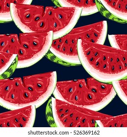 digital art - Seamless pattern with realistic watermelon pieces on a black background.