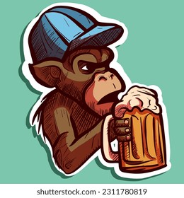 Digital art of a serious monkey with a hat drinking a mug of beer. Cartoon ape relaxing and holding an alcoholic beverage.